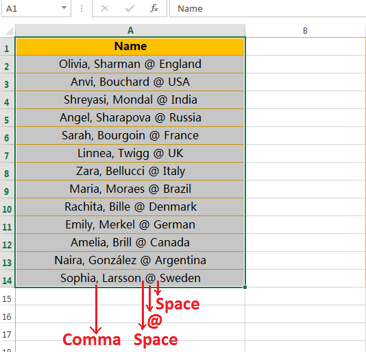 Text to Columns (Split Names and Country Names)-1