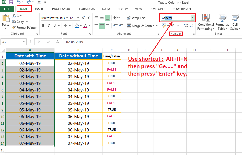 Identify the cells having date & time altogether - apply the general format using Excel shortcut