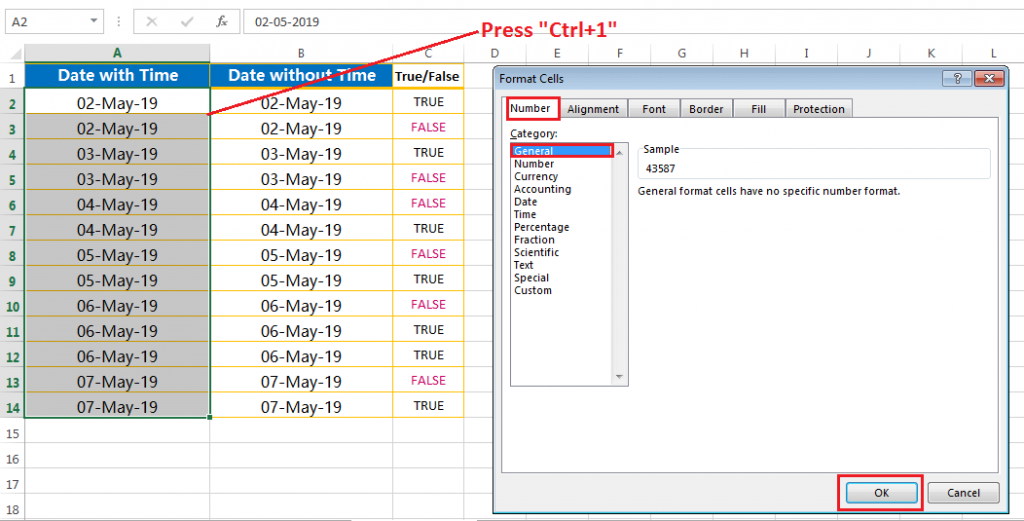 Identify the cells having date & time altogether - apply the general format using another Excel shortcut