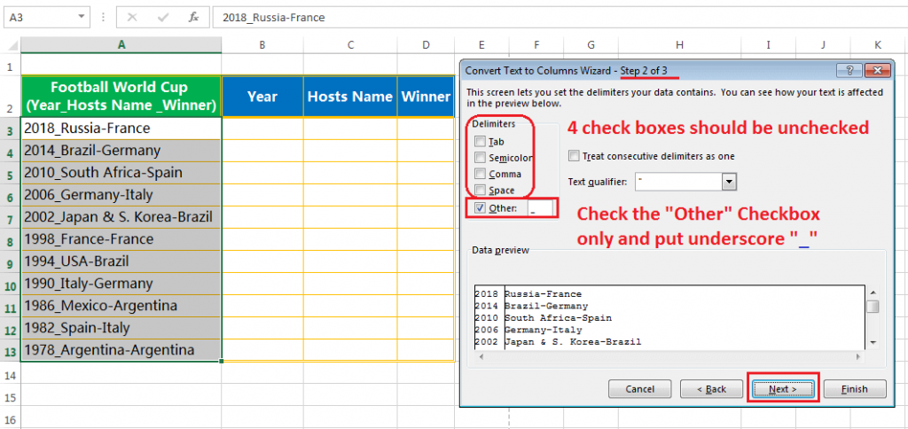 Text to column (Split text into Years, Hosts Name & Winner Team having delimiter hyphen and underscore)-2