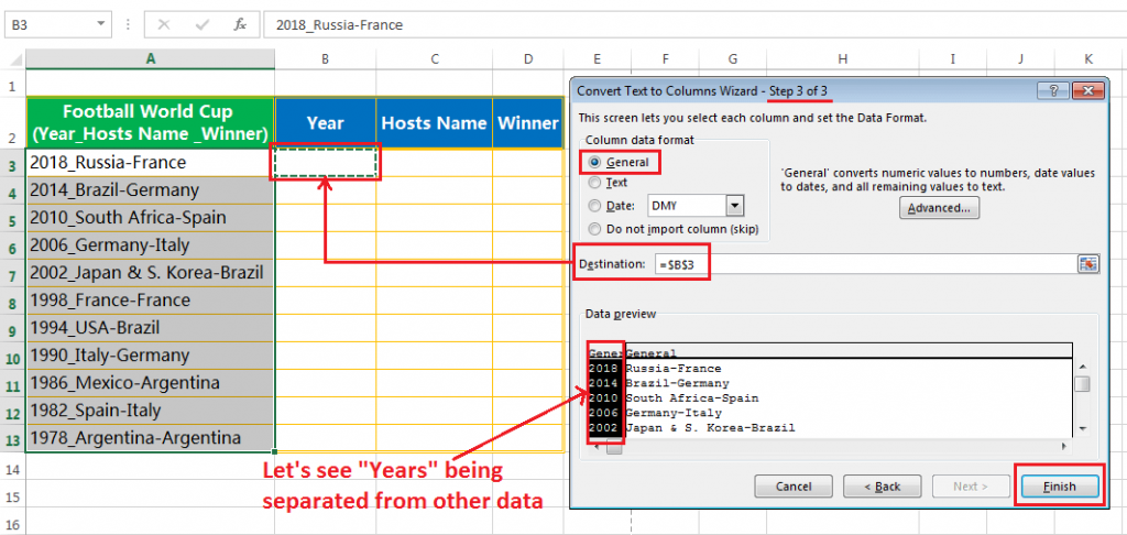 Text to column (Split text into Years, Hosts Name & Winner Team having delimiter hyphen and underscore)-3