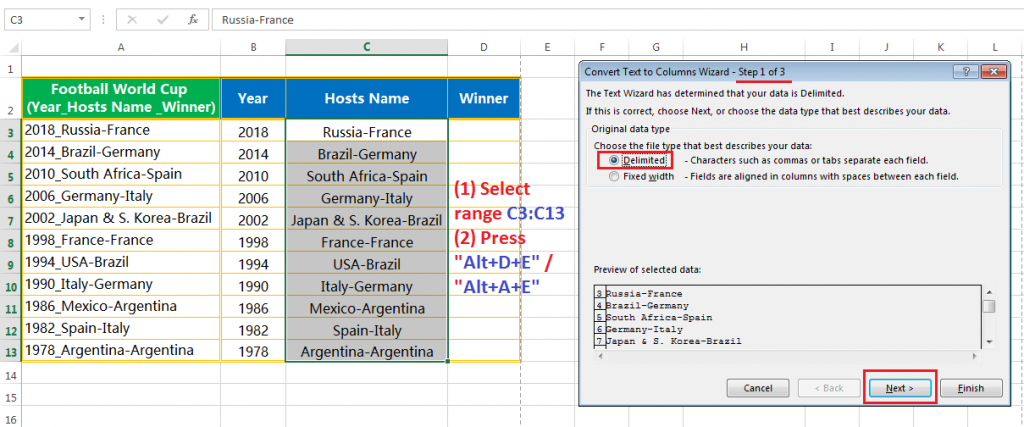 Text to column (Split text into Years, Hosts Name & Winner Team having delimiter hyphen and underscore)-5