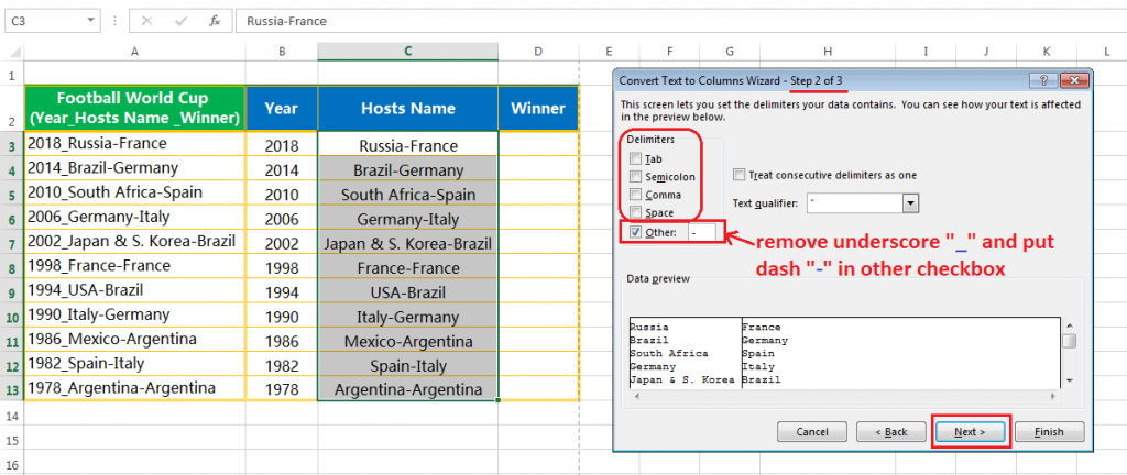 Text to column (Split text into Years, Hosts Name & Winner Team having delimiter hyphen and underscore)-6