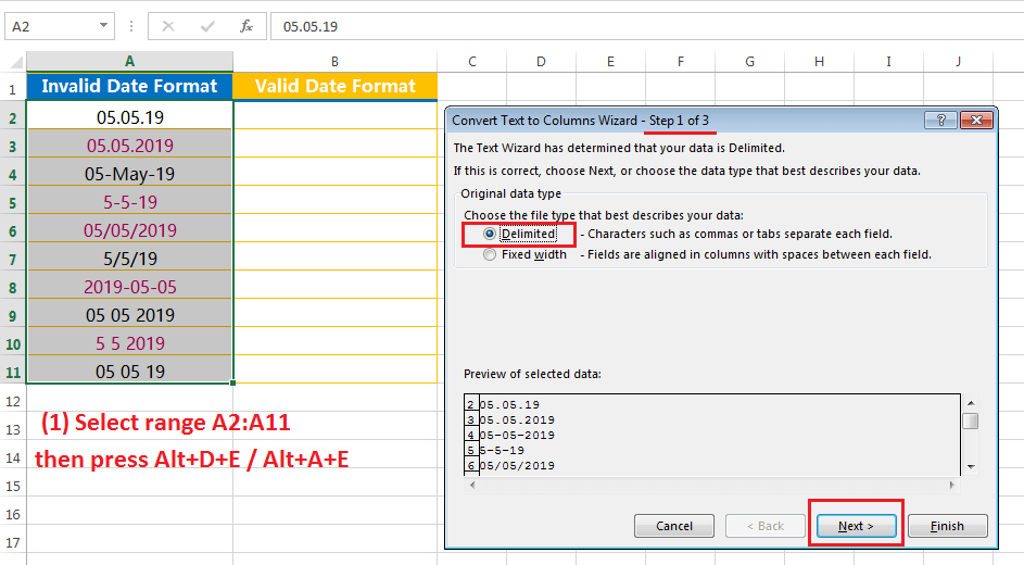 Text to Columns (Convert Invalid Date Formats to Valid Date Formats)-1