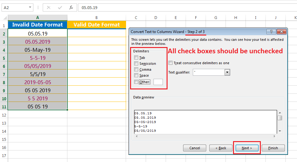 Text to Columns (Convert Invalid Date Formats to Valid Date Formats)-2