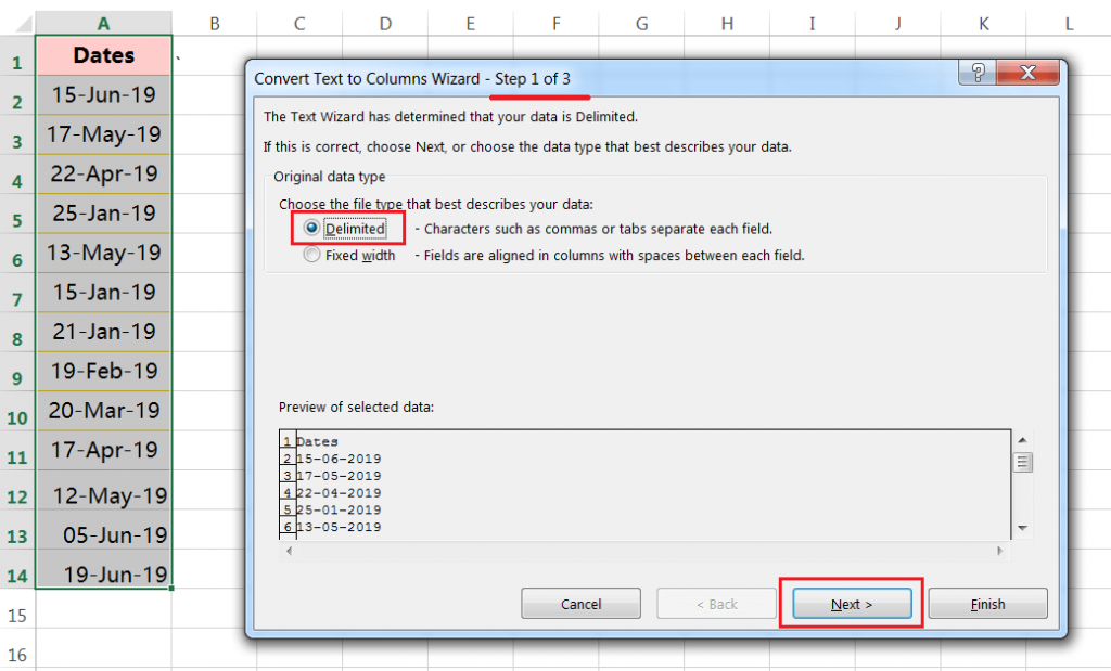 Text to Columns (Split dates in the days, months and years having delimiter hyphen)-1