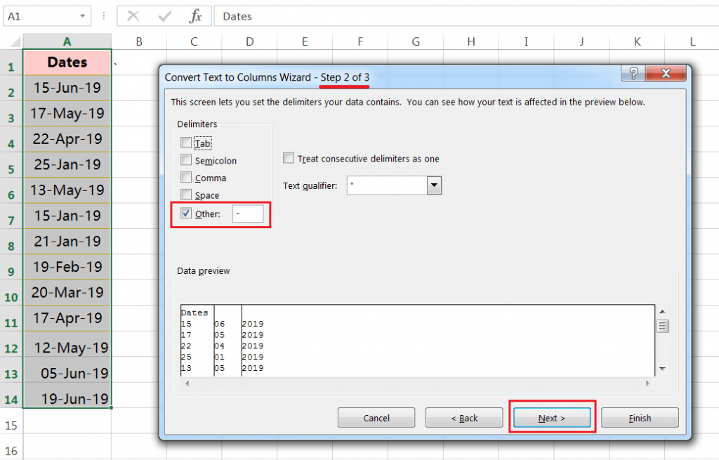 Text to Columns (Split dates in the days, months and years having delimiter hyphen)-2