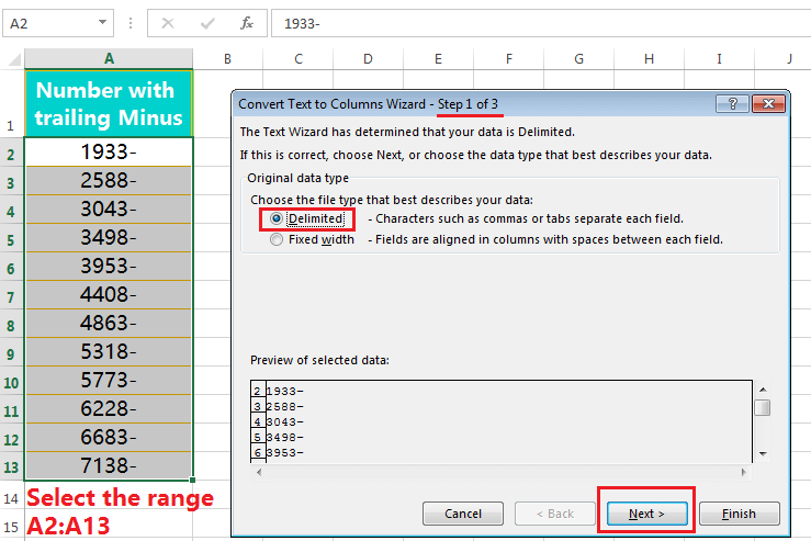 Text to Columns (Convert Numbers with Trailing Minus Sign to negative numbers)-1