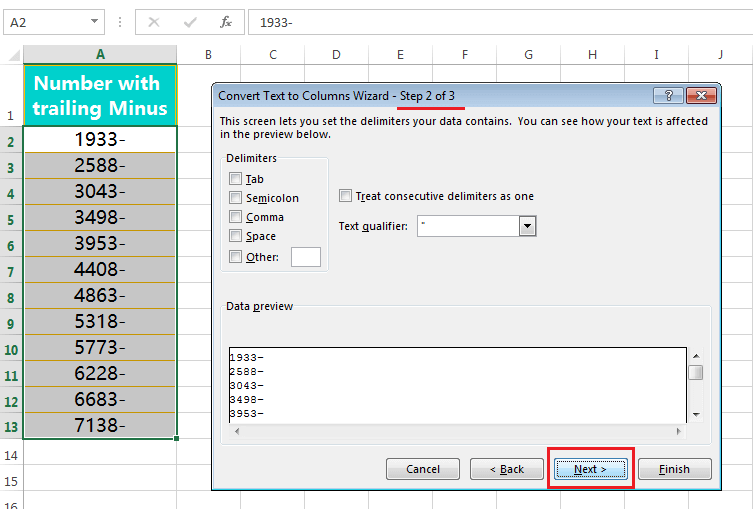 Text to Columns (Convert Numbers with Trailing Minus Sign to negative numbers)-2