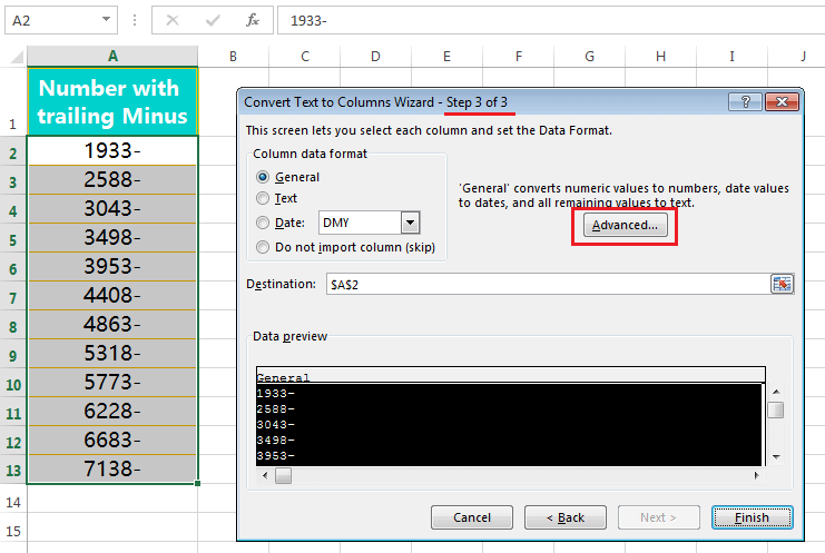 Text to Columns (Convert Numbers with Trailing Minus Sign to negative      numbers)-3