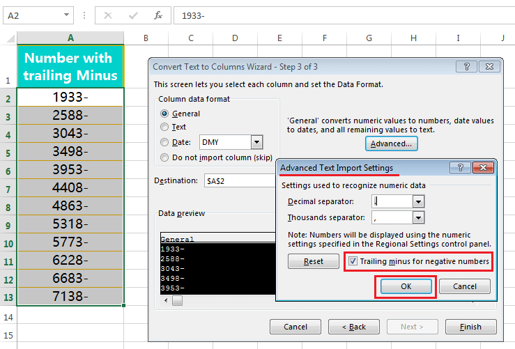 Text to Columns (Convert Numbers with Trailing Minus Sign to negative numbers)-4