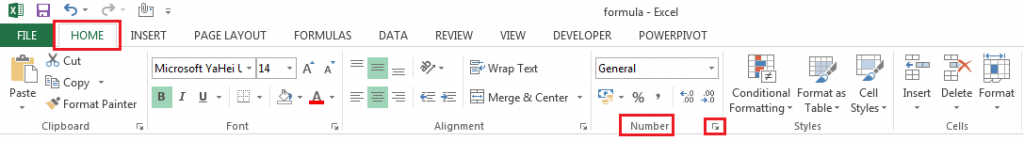 Hide Zero Values in Excel by the 'Format Cells' Window -Using the ribbon Number setting