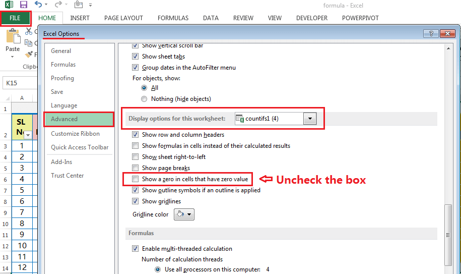 Steps of Hide Zero Values in Excel by the 'Workbook Settings'