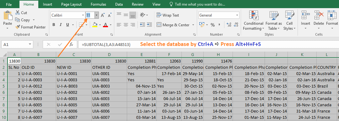 Reduce Excel File size-9 (Use Font Size Drop-down box)