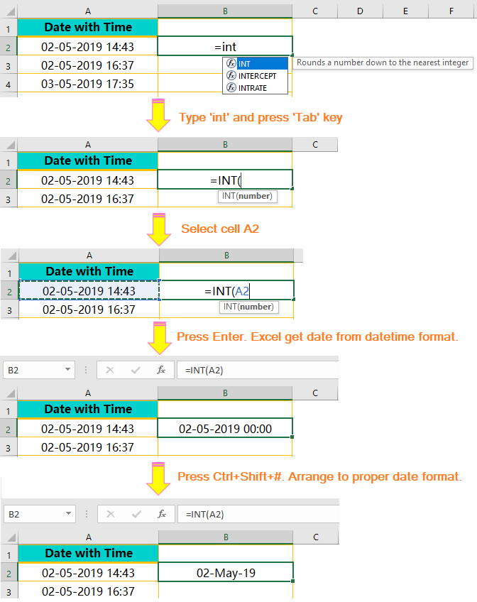 Using the INT() Function: Extract Date from Timestamp