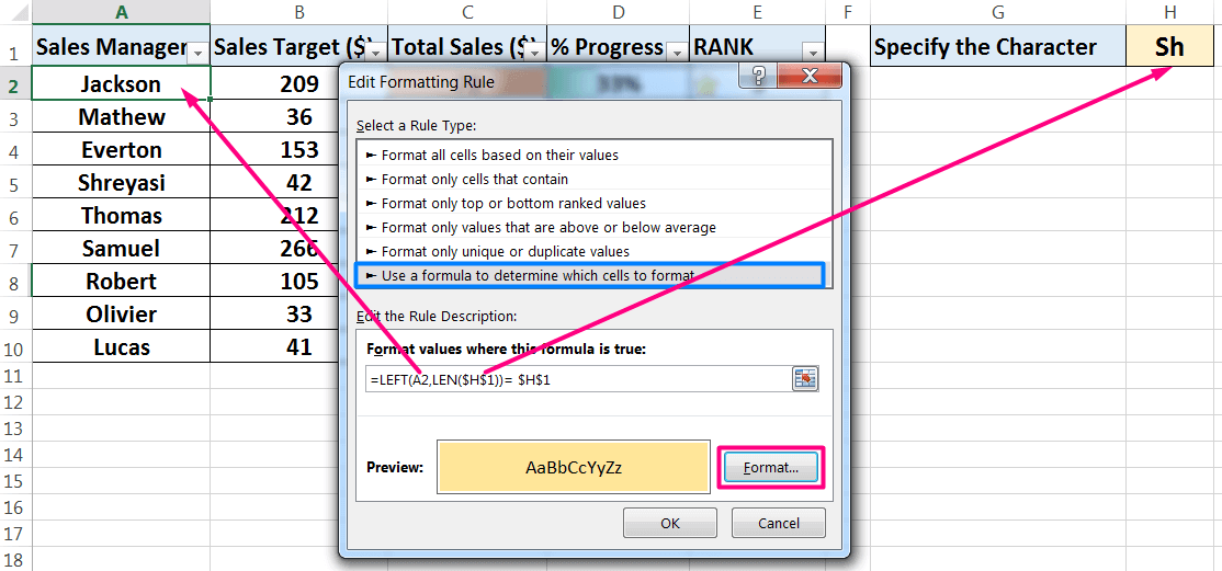 Conditional Formatting_Identifying Text Cells that Begin with Specified Letters_1