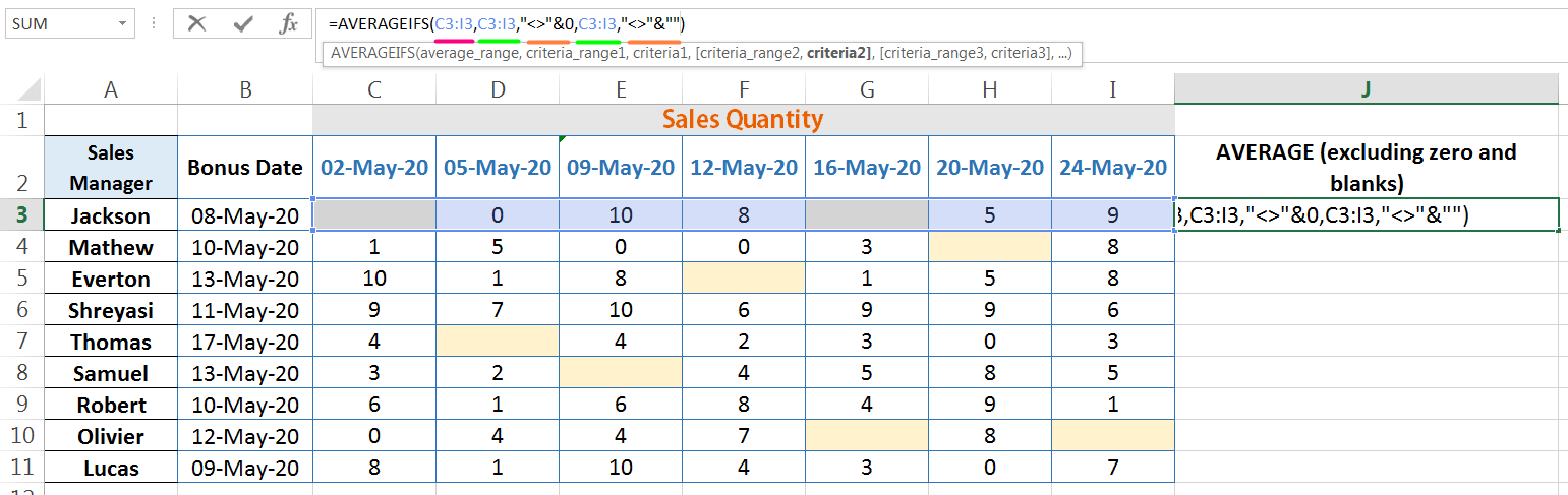 Ignore 'Blanks' and 'Zero' Values from Average Using Excel AVERAGEIFS Function_02