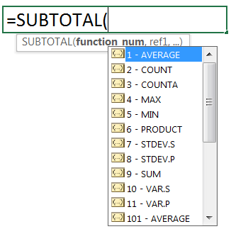 SYNTAX for the SUBTOTAL function