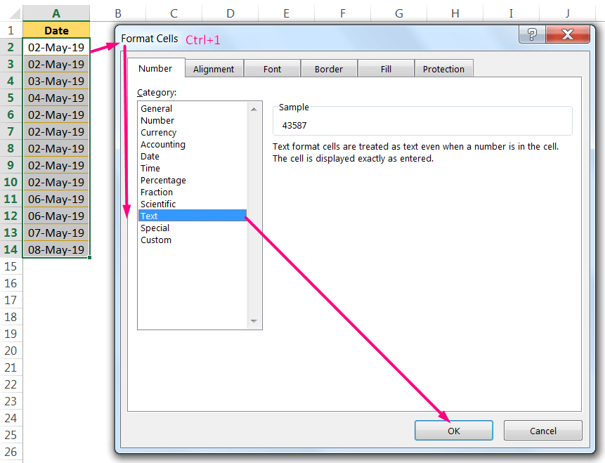 Convert Date to Text in Excel By the 'Format Cells' dialog box using the Excel Shortcut Ctrl+1_1
