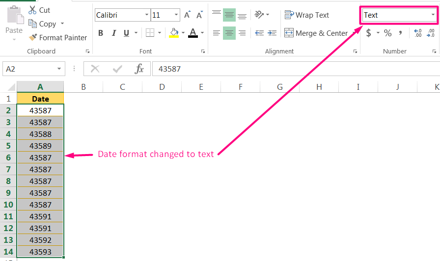 Convert Date to Text in Excel By the 'Format box' in the Ribbon using the Excel Shortcut Alt+H+N_2