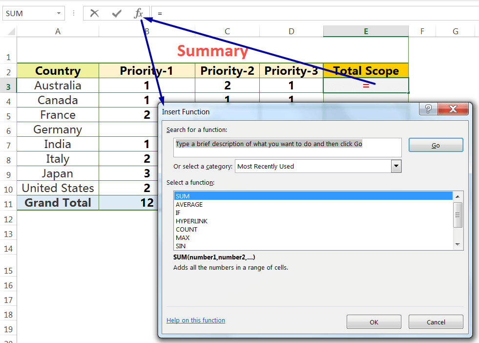 Apply SUM Function With 'Insert Function’ button on the Formula Bar