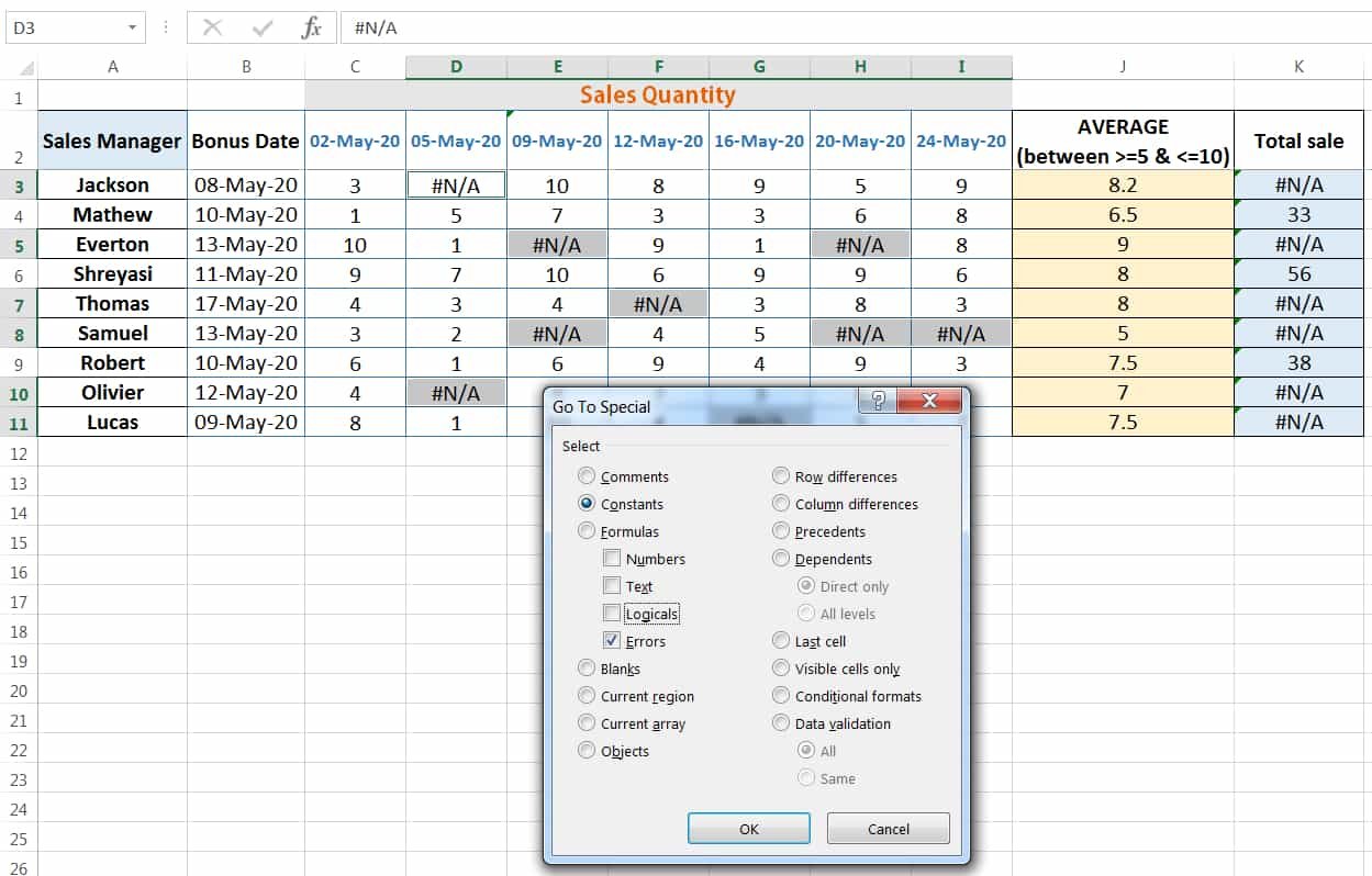 HOW TO USE EXCEL 'GO TO SPECIAL' ERROR OPTION__WITH CONSTANTS