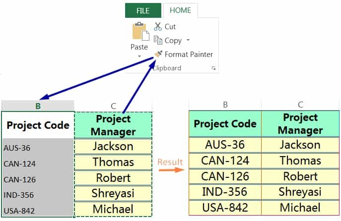 EXCEL COPY FORMATTING BY FORMAT PAINTER VIA THE RIBBON