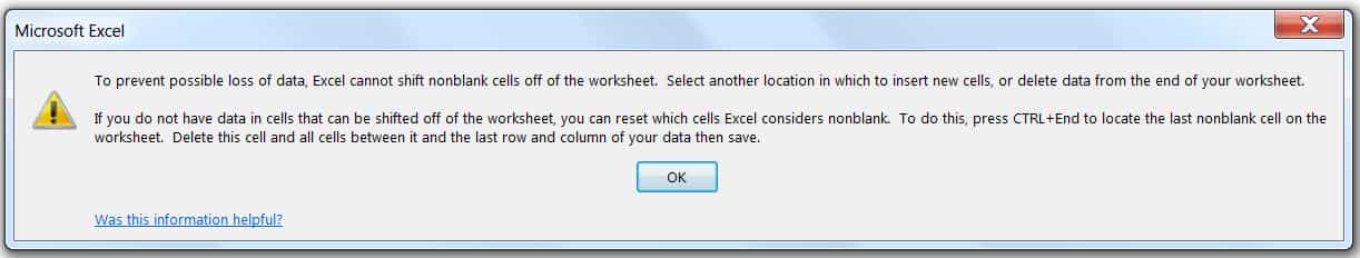 How to Insert Multiple RowsColumnsCells in Excel_Warning Message from from Excel
