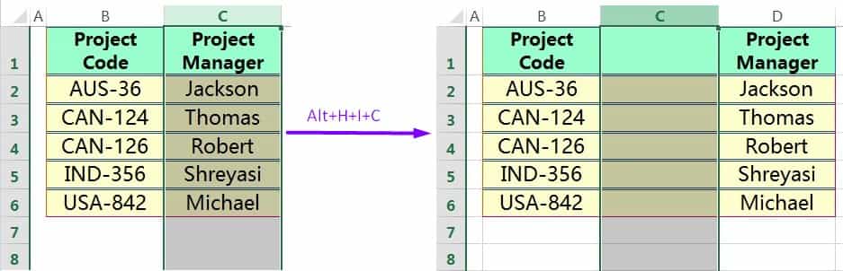 INSERT COLUMN IN EXCEL USING EXCEL SHORTCUT ALT+H+I+C