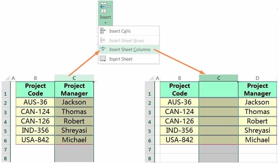 INSERT COLUMN IN EXCEL USING THE RIBBON