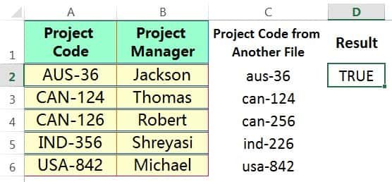 COMPARE TWO COLUMNS IN EXCEL ➢ USING SIMPLE LOGICAL FORMULA (CASE INSENSITIVE)_2