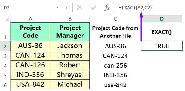 COMPARE TWO COLUMNS IN EXCEL ➢ USING THE EXACT FUNCTION (CASE SENSITIVE)_1