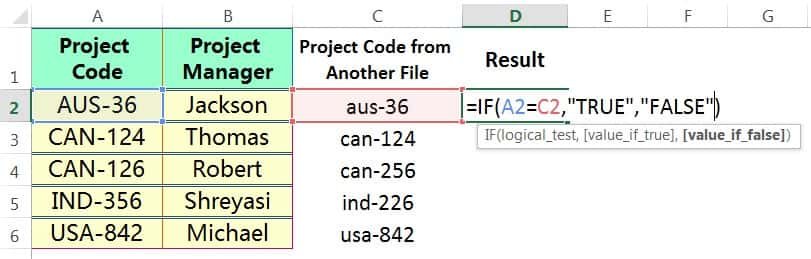 COMPARE TWO COLUMNS IN EXCEL ➢ USING THE IF FORMULA (CASE INSENSITIVE)_1