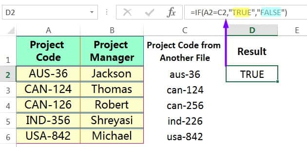 COMPARE TWO COLUMNS IN EXCEL ➢ USING THE IF FORMULA (CASE INSENSITIVE)_2