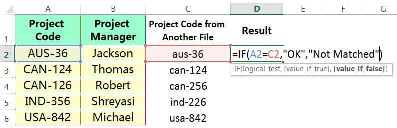 COMPARE TWO COLUMNS IN EXCEL ➢ USING THE IF FORMULA (CASE INSENSITIVE)_3