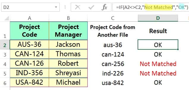 COMPARE TWO COLUMNS IN EXCEL ➢ USING THE IF FORMULA (CASE INSENSITIVE)_5
