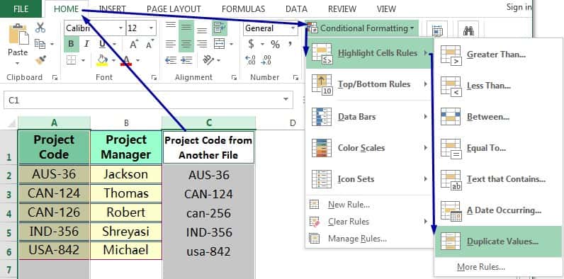 COMPARE TWO COLUMNS IN EXCEL ➢ USING CONDITIONAL FORMATTING (CASE INSENSITIVE)_1